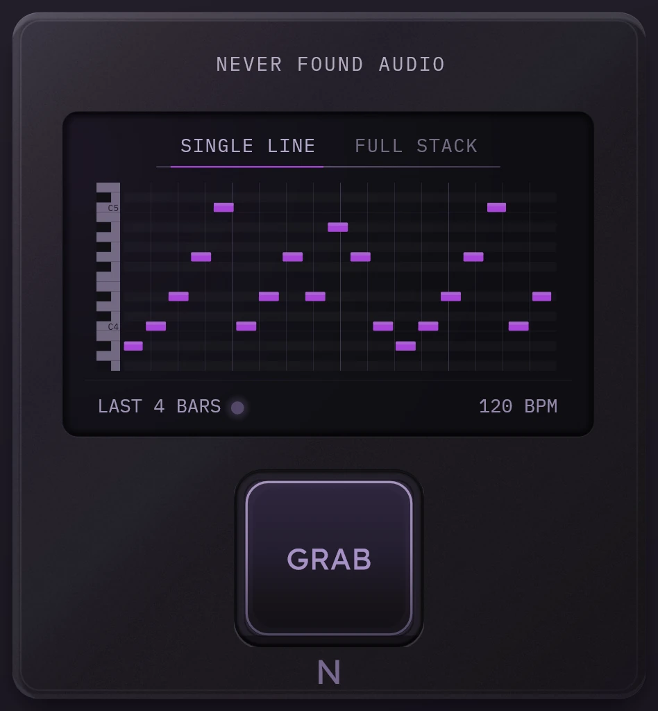 MG-Mini in SINGLE LINE: a four-bar melody grabbed as notes on a piano roll, with the GRAB pad below
