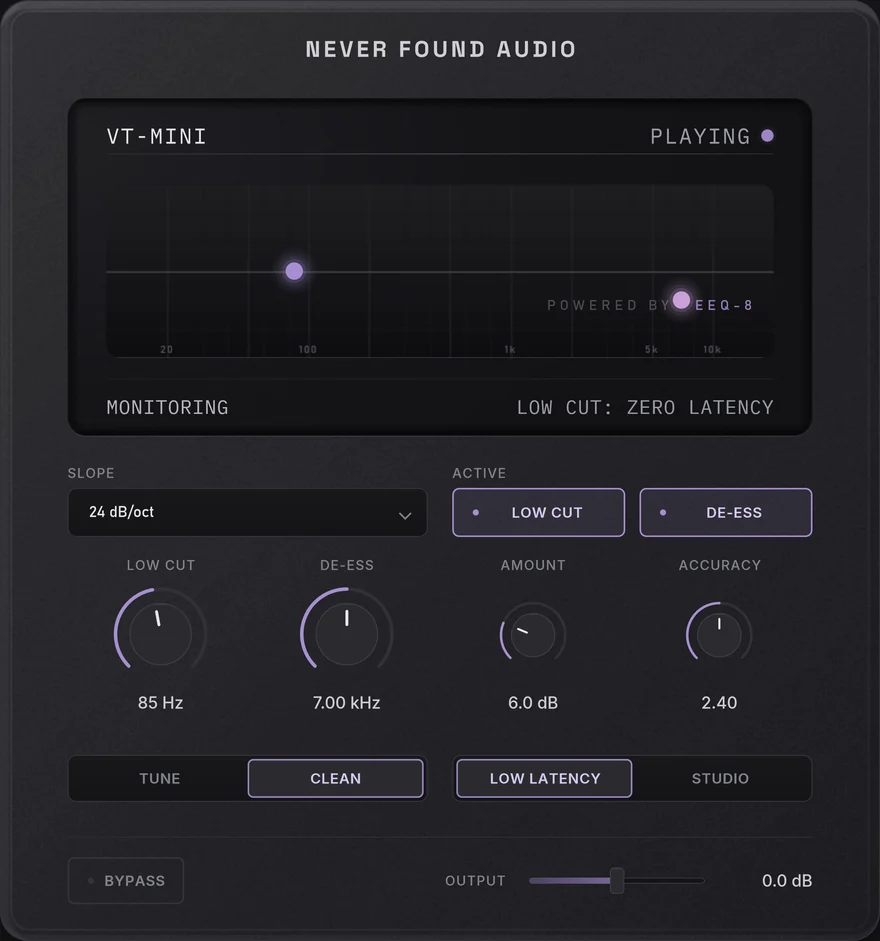 VT-Mini on its CLEAN page: a low cut and a dynamic de-esser on a small EQ graph
