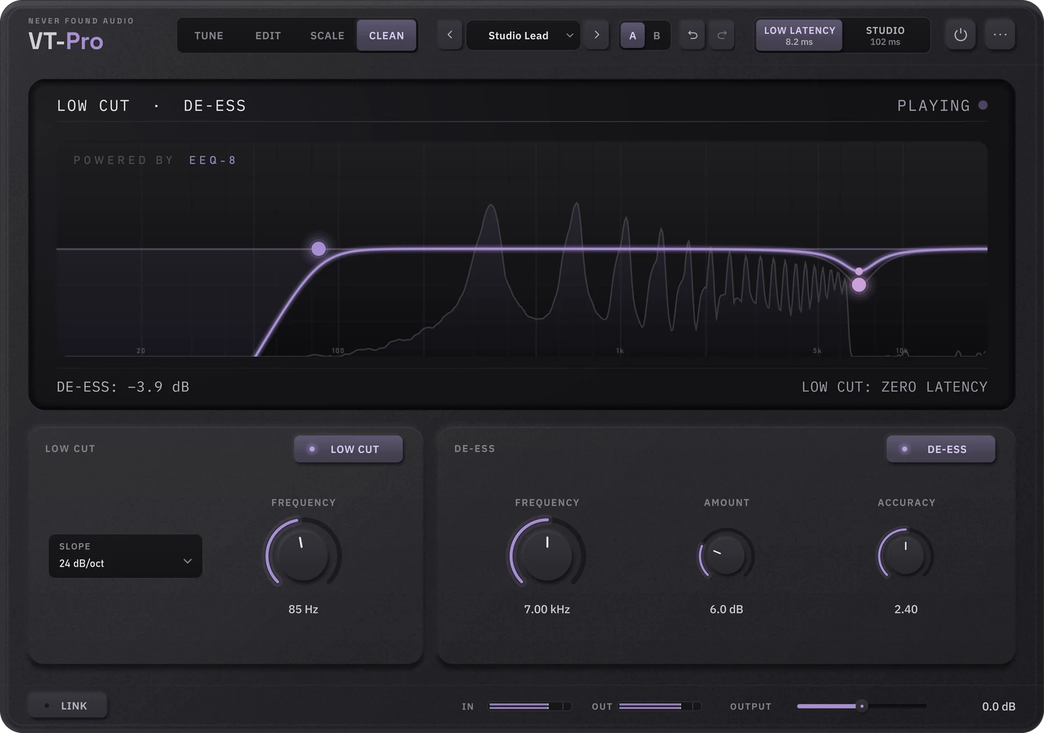 VT-Pro's CLEAN page: a low cut and a de-esser drawn on a spectrum