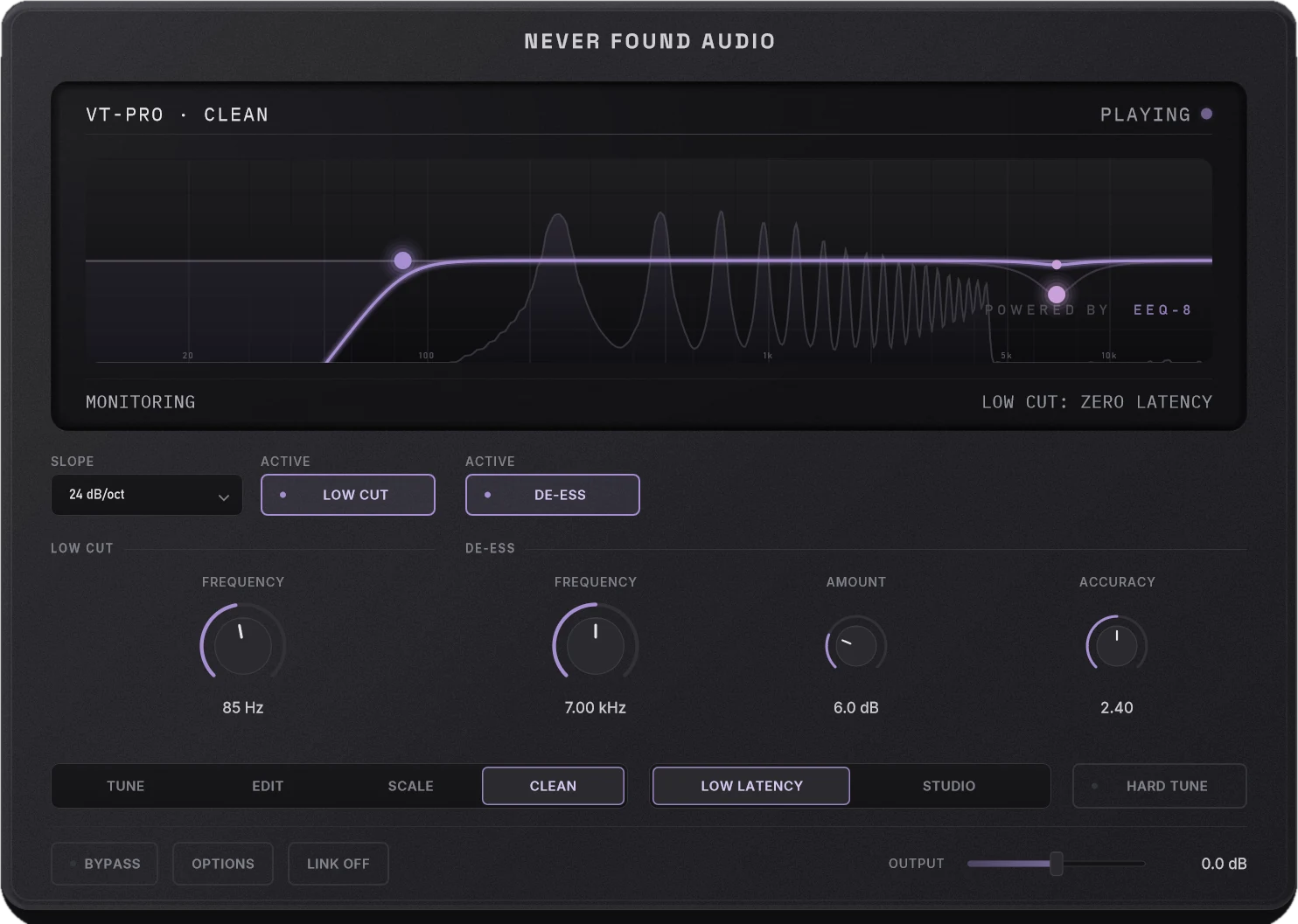 VT-Pro's CLEAN page: a low cut and a de-esser drawn on a spectrum