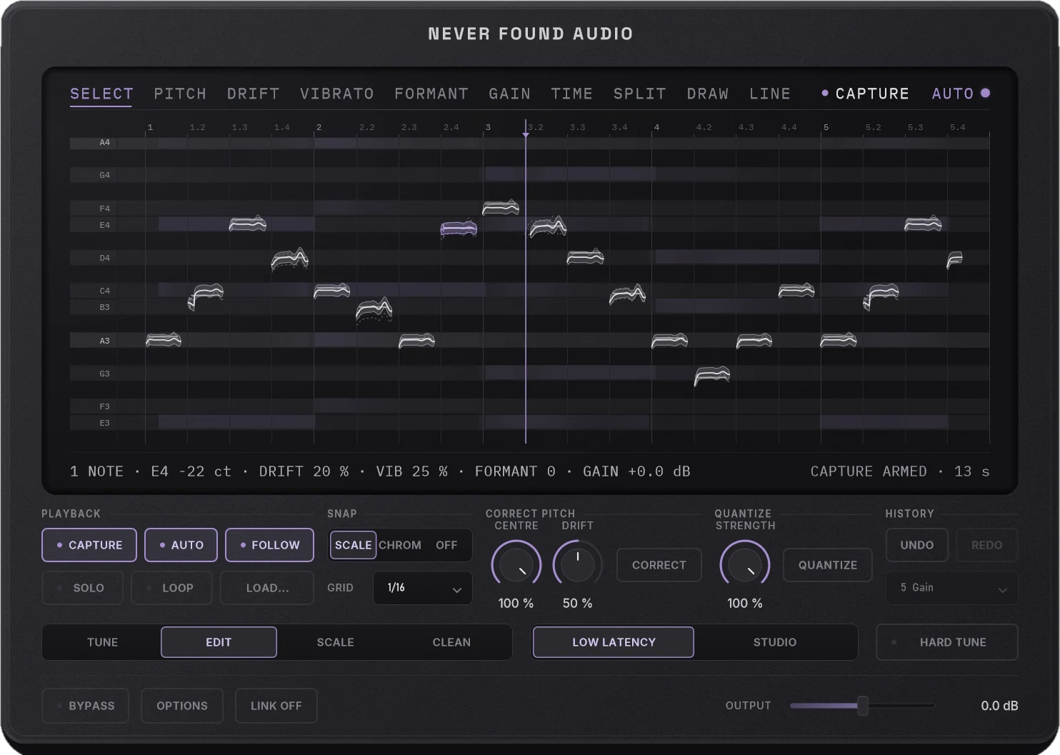 VT-Pro's EDIT page: every sung note drawn as a blob on a grid with its pitch curve, and tools for pitch, drift, vibrato, formant, gain and timing