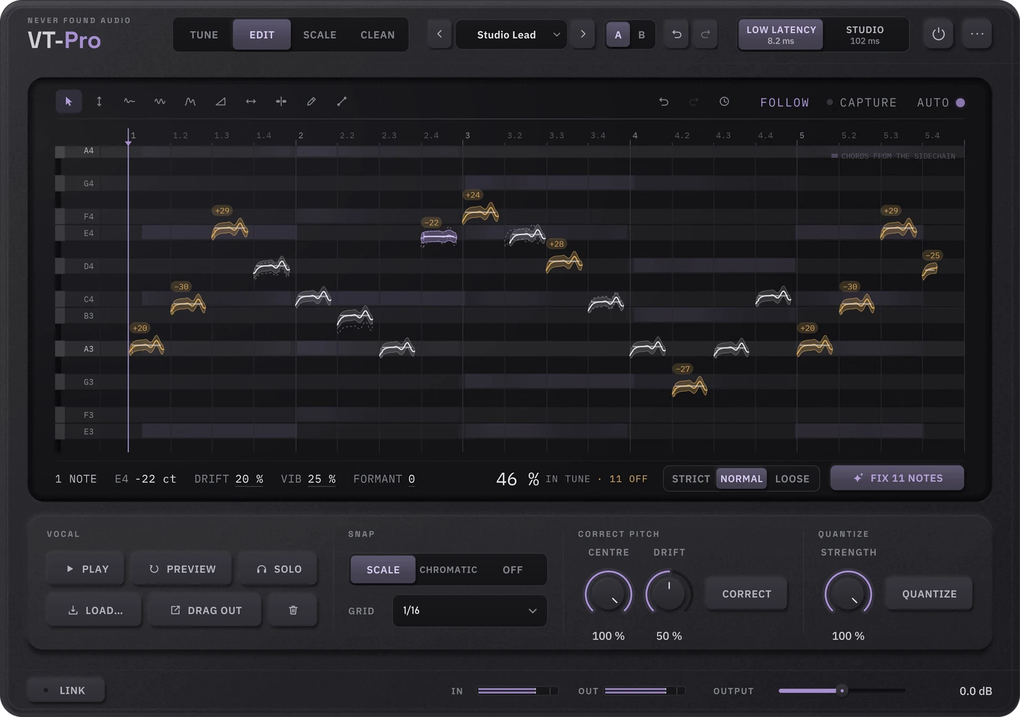 VT-Pro's EDIT page: every sung note on a grid with its pitch curve and how many cents it is off, and one click to fix the notes that are out