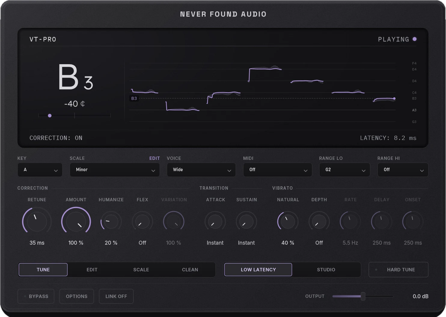 VT-Pro's TUNE page: the detected note and pitch trace, with knobs for retune, humanize, flex and vibrato