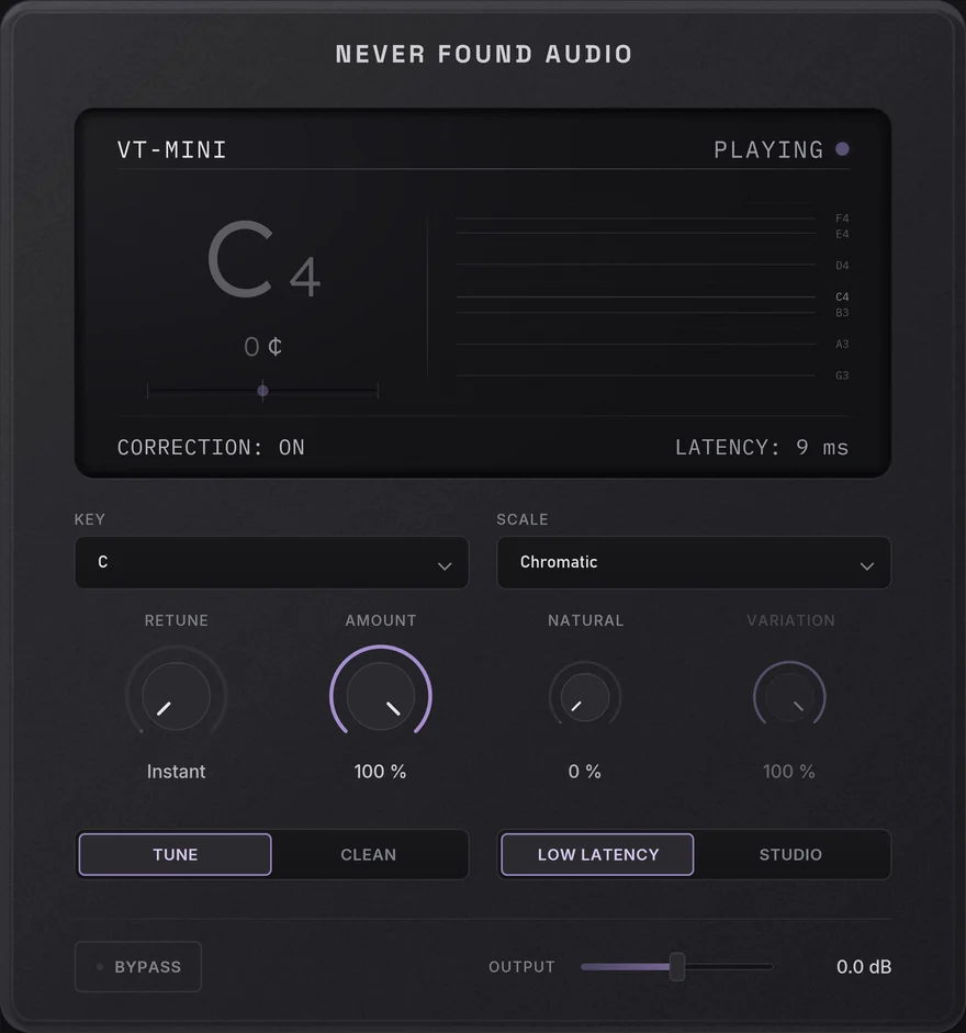 VT-Mini on its TUNE page: the detected note, how far off it is, and the retune controls